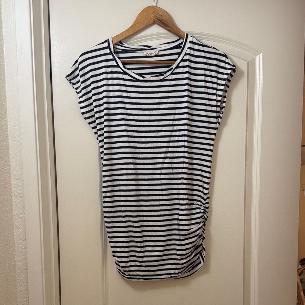 Mimi Maternity Navy and White Striped Short Sleeve Top